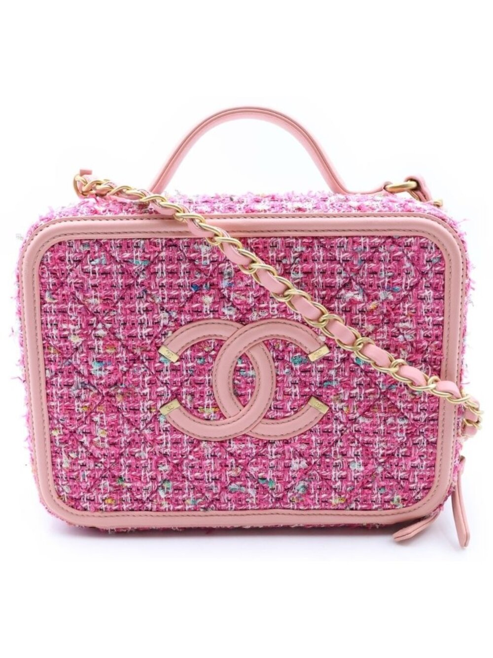 Chanel Vanity Case CC Filigree 2-Way Chain Shoulder Bag Pink Leather Tweed Gold
